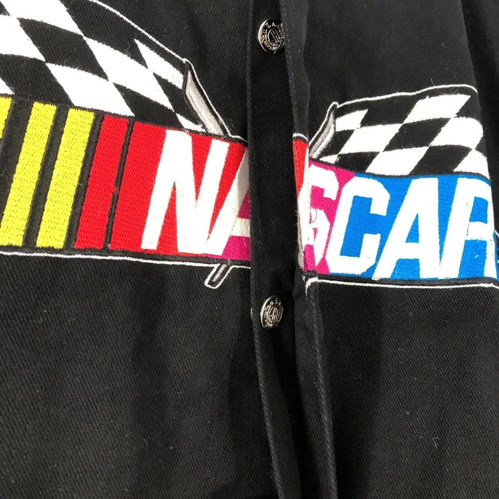 JH Design‎ NASCAR Jacket Men's 2XL XXL Black Blue Red Flag Logo Racing Coat